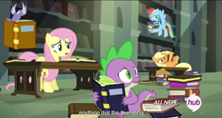 Size: 1535x814 | Tagged: safe, screencap, character:applejack, character:fluttershy, character:rainbow dash, character:spike, episode:twilight's kingdom, g4, my little pony: friendship is magic, hub logo, meme, youtube caption