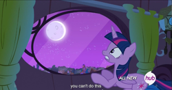 Size: 1537x813 | Tagged: safe, screencap, character:twilight sparkle, character:twilight sparkle (alicorn), species:alicorn, species:pony, episode:twilight's kingdom, g4, my little pony: friendship is magic, all new, female, hub logo, mare, meme, moon, solo, text, window, youtube caption