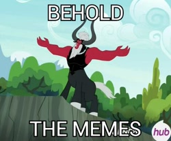 Size: 470x389 | Tagged: safe, screencap, character:lord tirek, episode:twilight's kingdom, g4, my little pony: friendship is magic, cliff, hub logo, image macro, lord tirek's outstretched arms, meme, solo