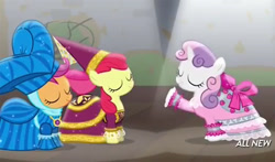 Size: 550x323 | Tagged: safe, screencap, character:apple bloom, character:scootaloo, character:sweetie belle, species:pegasus, species:pony, episode:for whom the sweetie belle toils, cutie mark crusaders, medieval