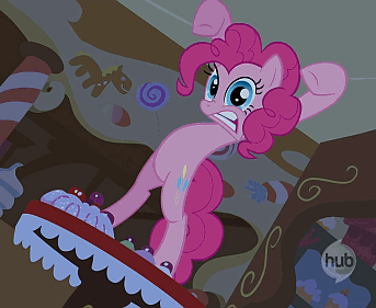Size: 343x281 | Tagged: safe, screencap, character:pinkie pie, episode:bridle gossip, g4, my little pony: friendship is magic, animated, bipedal, breathing, cropped, evil enchantress, hub logo, solo, watch out