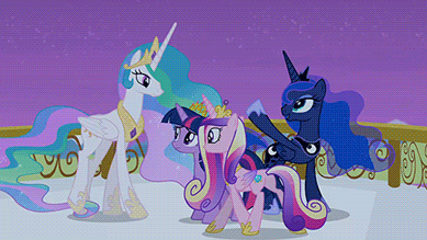Size: 389x219 | Tagged: safe, screencap, character:princess cadance, character:princess celestia, character:princess luna, character:twilight sparkle, character:twilight sparkle (alicorn), species:alicorn, species:pony, episode:twilight's kingdom, g4, my little pony: friendship is magic, alicorn tetrarchy, animated, circling, female, flying, looking up, mare, smiling, spread wings, wings