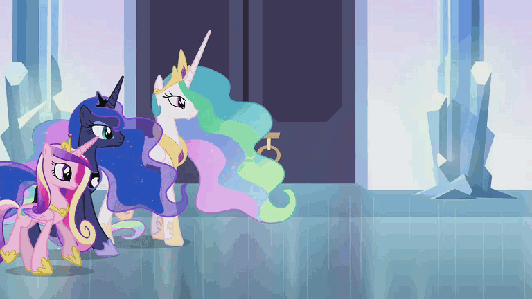 Size: 768x432 | Tagged: safe, screencap, character:princess cadance, character:princess celestia, character:princess luna, character:twilight sparkle, character:twilight sparkle (alicorn), species:alicorn, species:pony, alicorn tetrarchy, animated, concerned, crystal empire, crystal palace, door, female, mare, sad