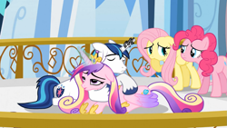 Size: 1365x768 | Tagged: safe, screencap, character:fluttershy, character:pinkie pie, character:princess cadance, character:shining armor, ship:shiningcadance, episode:the crystal empire, g4, my little pony: friendship is magic, female, glowing horn, horn, horn crystals, magic, magic suppression, male, oh my, shipping, straight, tired