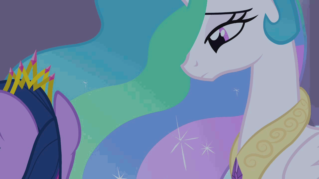 Size: 1280x720 | Tagged: safe, screencap, character:princess celestia, character:twilight sparkle, character:twilight sparkle (alicorn), species:alicorn, species:pony, episode:twilight's kingdom, g4, my little pony: friendship is magic, animated, balcony, crystal empire, crystal palace, female, lidded eyes, mare, singing, you'll play your part
