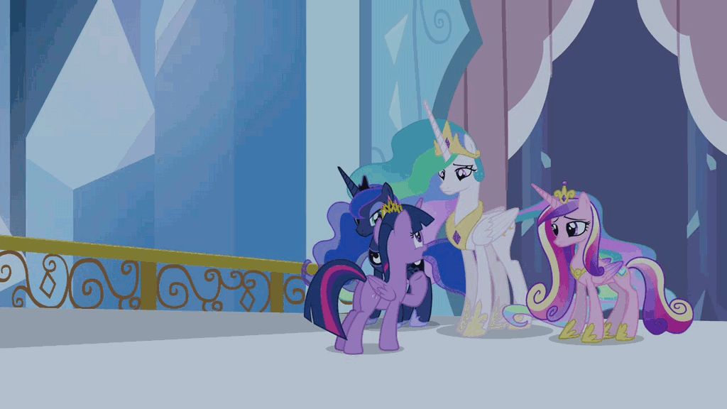 Size: 1024x576 | Tagged: safe, screencap, character:princess cadance, character:princess celestia, character:princess luna, character:twilight sparkle, character:twilight sparkle (alicorn), species:alicorn, species:pony, episode:twilight's kingdom, g4, my little pony: friendship is magic, alicorn tetrarchy, animated, balcony, crystal empire, crystal palace, female, mare, singing, you'll play your part