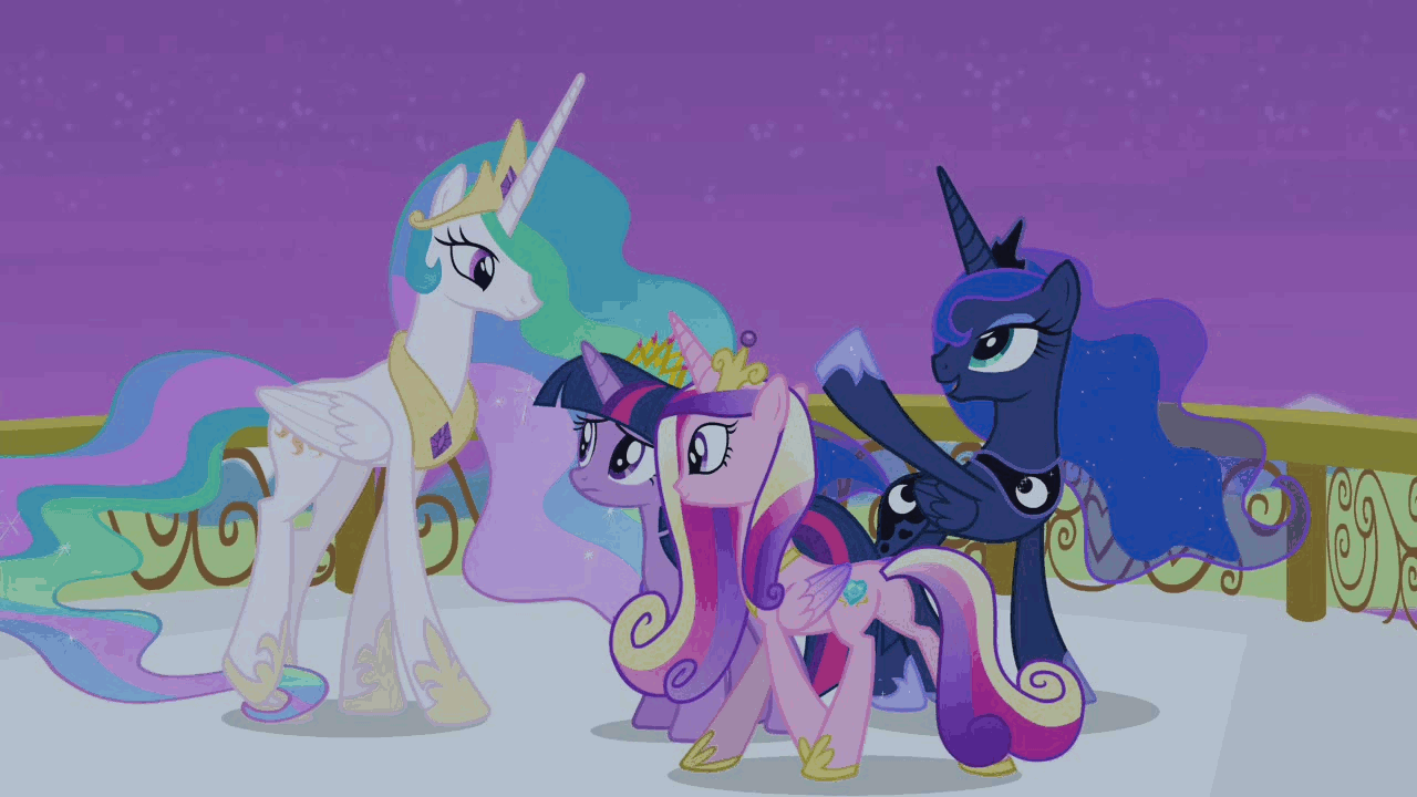 Size: 1280x720 | Tagged: safe, screencap, character:princess cadance, character:princess celestia, character:princess luna, character:twilight sparkle, character:twilight sparkle (alicorn), species:alicorn, species:pony, alicorn tetrarchy, animated, balcony, crystal empire, crystal palace, female, mare, singing, you'll play your part