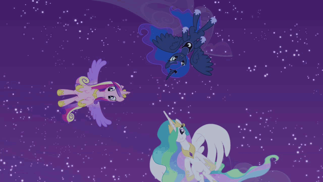 Size: 1280x720 | Tagged: safe, screencap, character:princess cadance, character:princess celestia, character:princess luna, character:twilight sparkle, character:twilight sparkle (alicorn), species:alicorn, species:pony, alicorn tetrarchy, animated, balcony, camera spin, circle, circling, crystal empire, crystal palace, female, flapping, floating, looking down, looking up, mare, singing, smiling, unsure, you'll play your part
