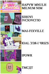 Size: 1000x1500 | Tagged: safe, screencap, character:apple cobbler, character:lavender fritter, character:lemon hearts, character:lyra heartstrings, character:mane-iac, character:mare do well, character:rainbowshine, character:rarity, character:twilight sparkle, character:twilight sparkle (alicorn), character:twinkleshine, species:alicorn, species:pony, episode:party of one, episode:ponyville confidential, episode:power ponies, episode:sisterhooves social, episode:the mysterious mare do well, episode:trade ya, g4, my little pony: friendship is magic, apple family member, comic book, female, foal free press, hapvw mnulh milnum nim, mare, sihovi, written equestrian