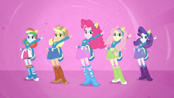 Size: 1280x720 | Tagged: safe, screencap, character:applejack, character:fluttershy, character:pinkie pie, character:rainbow dash, character:rarity, equestria girls:equestria girls, g4, my little pony:equestria girls, helping twilight win the crown, humane five, pink background, pointing, simple background, wondercolts