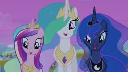 Size: 1280x720 | Tagged: safe, screencap, character:princess cadance, character:princess celestia, character:princess luna, episode:twilight's kingdom, g4, my little pony: friendship is magic, balcony, crystal empire, looking at you, open mouth, smiling