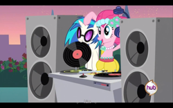 Size: 1440x900 | Tagged: safe, screencap, character:dj pon-3, character:pinkie pie, character:vinyl scratch, youtube caption