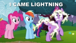 Size: 500x281 | Tagged: safe, screencap, character:pinkie pie, character:rainbow dash, character:twilight sparkle, character:twilight sparkle (alicorn), species:alicorn, species:pony, episode:twilight's kingdom, g4, my little pony: friendship is magic, female, i came, image macro, implied orgasm, mare, meme