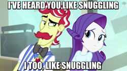 Size: 640x360 | Tagged: safe, screencap, character:flam, character:rarity, episode:a case for the bass, equestria girls:rainbow rocks, g4, my little pony:equestria girls, do not want, frown, image macro, imma snuggle you, meme, open mouth, raised eyebrow, smiling, this will end in jail time