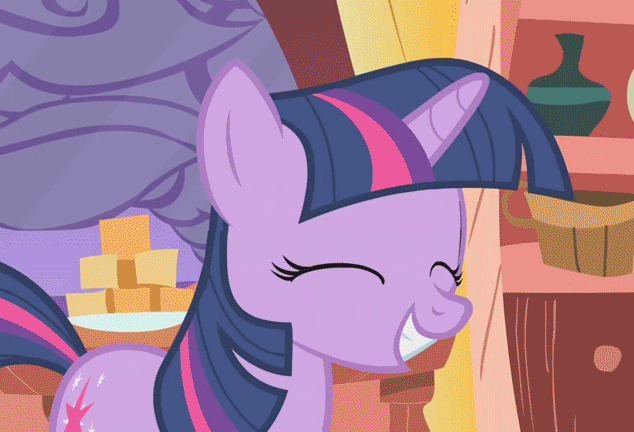 Size: 634x432 | Tagged: safe, screencap, character:twilight sparkle, character:twilight sparkle (unicorn), species:pony, species:unicorn, episode:look before you sleep, g4, my little pony: friendship is magic, animated, eyes closed, feather, female, golden oaks library, happy, mare, pillow, pillow fight, smiling, solo