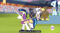 Size: 1280x719 | Tagged: safe, screencap, character:fleetfoot, character:irma, character:natalya, character:shining armor, character:soarin', species:griffon, episode:equestria games, g4, my little pony: friendship is magic, bronze medal, crowd, crystal empire, gaston (griffon), gold medal, hub logo, medal, meme, stadium, youtube caption