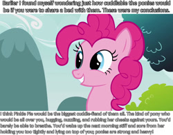 Size: 1280x1002 | Tagged: safe, screencap, character:pinkie pie, analysis, bronybait, cuddle studies, cuddling, snuggling, solo, text