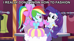 Size: 1018x572 | Tagged: safe, screencap, character:rainbow dash, character:rarity, my little pony:equestria girls, image macro, meme, rainbow dash always dresses in style