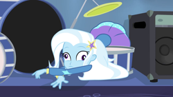 Size: 1920x1080 | Tagged: safe, screencap, character:trixie, my little pony:equestria girls, derp, drum kit, drums, musical instrument, solo