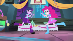 Size: 1280x720 | Tagged: safe, screencap, character:pinkie pie, character:twilight sparkle, episode:shake your tail, equestria girls:rainbow rocks, g4, my little pony:equestria girls, balloon, basketball net, boots, bracelet, clothing, cup, derp, high heel boots, jewelry, punch (drink), punch bowl, skirt, table