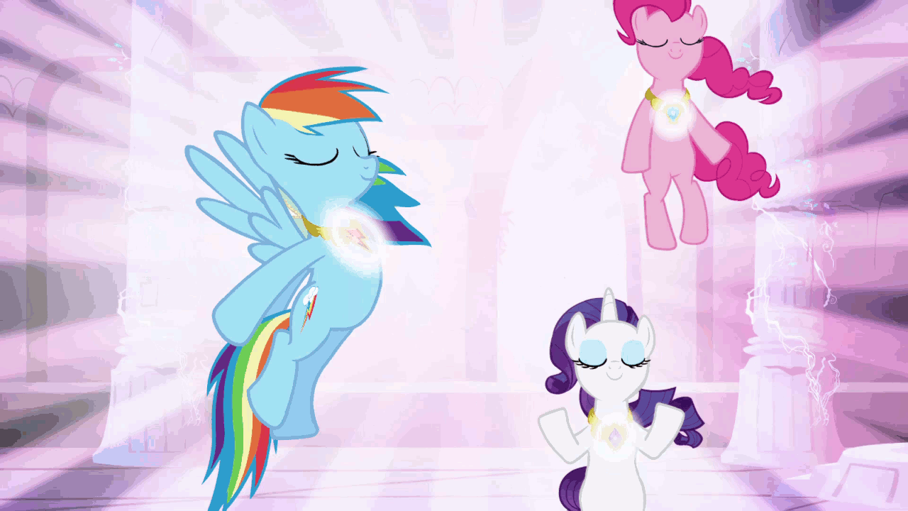 Size: 1280x720 | Tagged: safe, screencap, character:applejack, character:fluttershy, character:pinkie pie, character:rainbow dash, character:rarity, character:twilight sparkle, episode:friendship is magic, g4, my little pony: friendship is magic, animated, elements of harmony, glowing eyes, magic, mane six, the elements in action