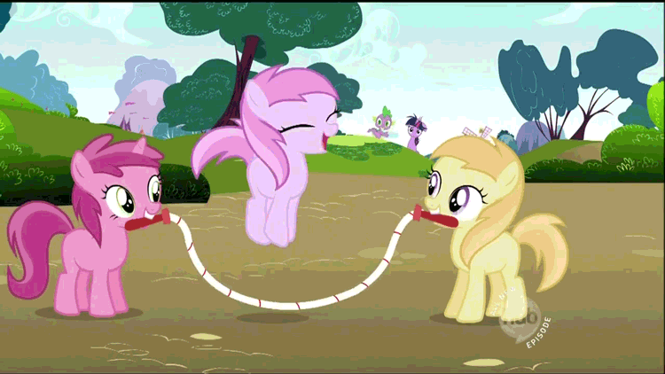 Size: 750x422 | Tagged: safe, screencap, character:noi, character:piña colada, character:ruby pinch, character:spike, character:twilight sparkle, episode:lesson zero, g4, my little pony: friendship is magic, animated, hub logo, jump rope, jumping, loop, mouth hold, skipping