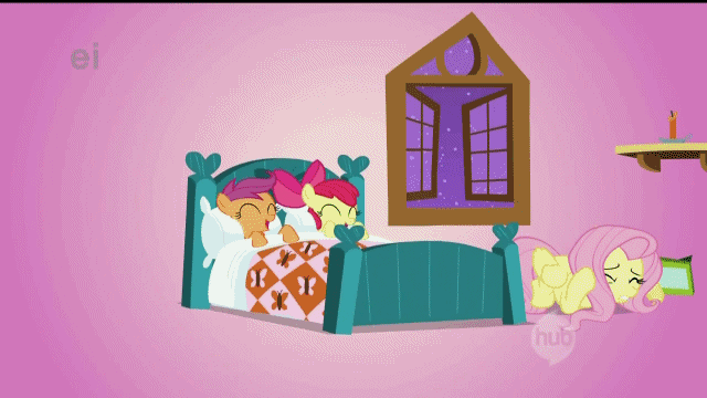 Size: 640x360 | Tagged: safe, screencap, character:apple bloom, character:fluttershy, character:scootaloo, species:pegasus, species:pony, episode:stare master, g4, my little pony: friendship is magic, animated, bed, bouncing, cowering, dancing, ei, eyes closed, hub logo, hush now quiet now
