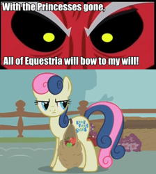 Size: 644x720 | Tagged: safe, screencap, character:bon bon, character:lord tirek, character:sweetie drops, episode:call of the cutie, episode:twilight's kingdom, g4, my little pony: friendship is magic, bon bon is not amused, exploitable meme, hilarious in hindsight, i didn't put those in my bag, meme, tirek vs everyone meme