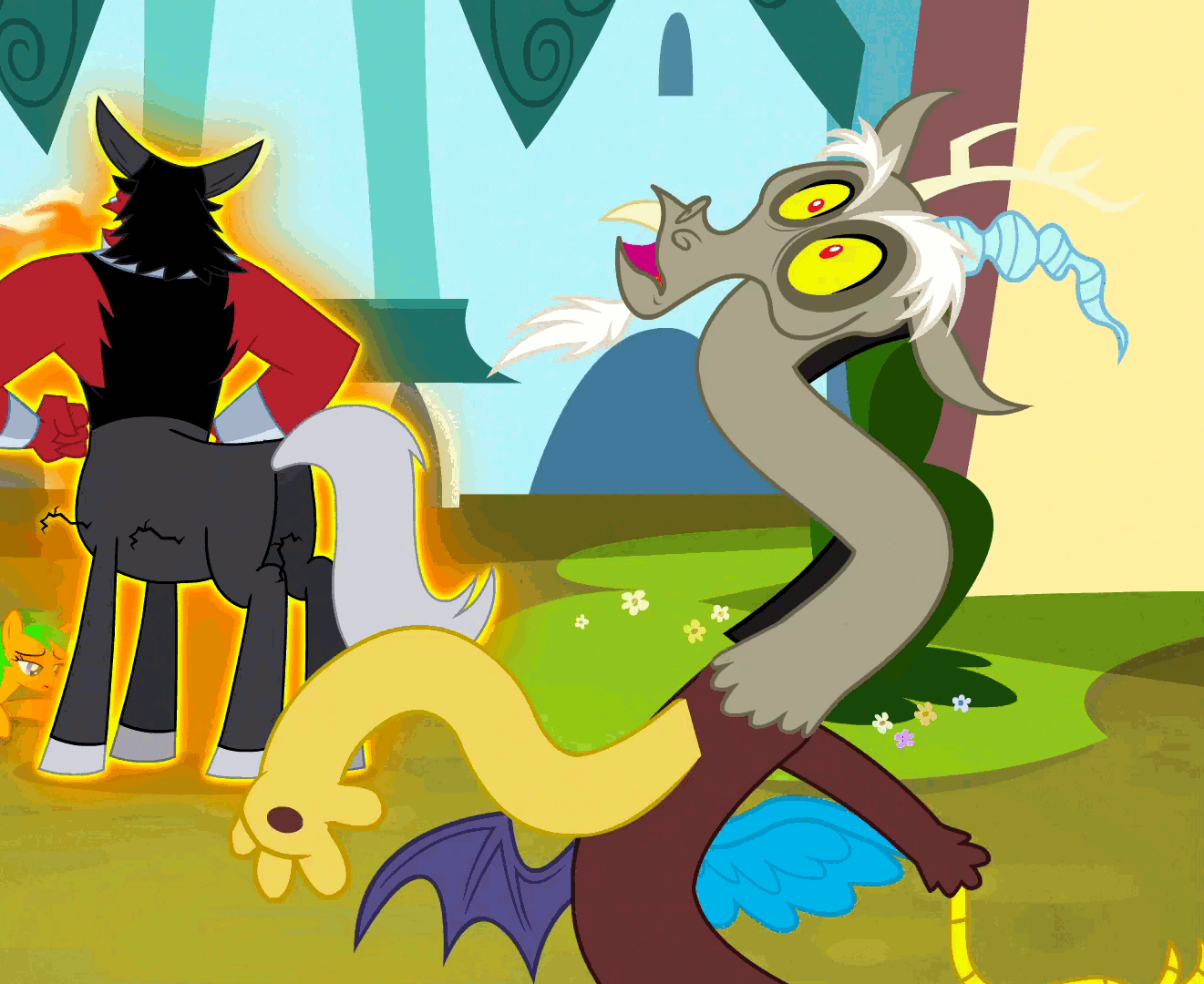 Size: 1321x1080 | Tagged: safe, screencap, character:discord, character:lord tirek, species:draconequus, episode:keep calm and flutter on, episode:twilight's kingdom, g4, my little pony: friendship is magic, animated, background pony, comparison, cute, discute, growth, male, male focus, shaking, solo focus, sunset rain, wacky waving inflatable tube discord