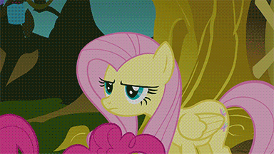 Size: 384x216 | Tagged: safe, screencap, character:fluttershy, character:pinkie pie, character:rarity, episode:bridle gossip, g4, my little pony: friendship is magic, animated, bipedal, dancing, duo focus, evil enchantress, flutterguy, fluttershy is not amused, hairity, pinkie being pinkie, spitty pie, swirly eyes, tongue out