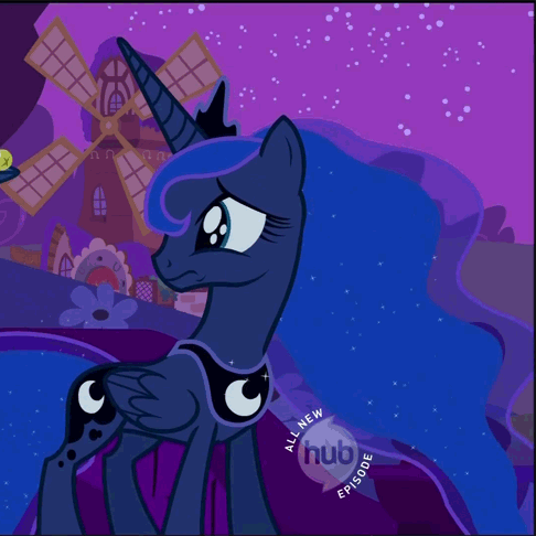 Size: 486x486 | Tagged: safe, screencap, character:princess luna, species:alicorn, species:pony, episode:luna eclipsed, g4, my little pony: friendship is magic, animated, cute, eye shimmer, female, frown, hub logo, jewelry, mare, night, outdoors, regalia, sad, sky, solo, sparkles, standing, stars, windmill