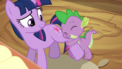 Size: 1280x720 | Tagged: safe, screencap, character:spike, character:twilight sparkle, character:twilight sparkle (unicorn), species:dragon, species:pony, species:unicorn, episode:spike at your service, g4, my little pony: friendship is magic, affection, cropped, cute, duo, eyes closed, female, hug, leg hug, male, mare, palindrome get