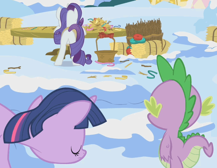 Size: 717x556 | Tagged: safe, screencap, character:rarity, character:spike, character:twilight sparkle, species:pony, episode:winter wrap up, g4, my little pony: friendship is magic, animated, eyes on the prize, featureless crotch, female, mare, out of context, plot