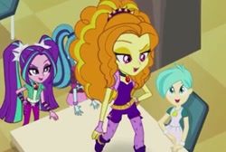 Size: 425x285 | Tagged: safe, screencap, character:adagio dazzle, character:aria blaze, character:sonata dusk, equestria girls:rainbow rocks, g4, my little pony:equestria girls, admiration, background human, battle of the bands, character:tennis match, gem, hypnosis, looking up, quartet, raised eyebrow, singing, siren gem, tennis match, the dazzlings