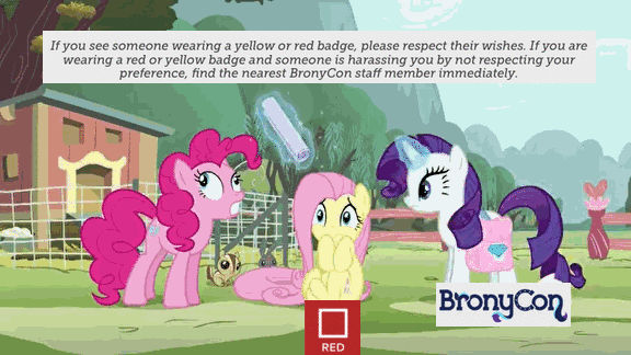 Size: 576x324 | Tagged: safe, screencap, character:fluttershy, character:pinkie pie, character:rarity, episode:filli vanilli, g4, my little pony: friendship is magic, 2014, animated, asan, autism, autistic fluttershy, bronycon, caption, color communications badges, convention, crying, drama, headcanon, metaphor, metaphor gif, neurodivergent headcanon