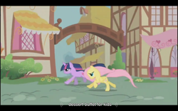 Size: 1024x640 | Tagged: safe, screencap, character:fluttershy, character:twilight sparkle, episode:a bird in the hoof, g4, my little pony: friendship is magic, running, youtube caption