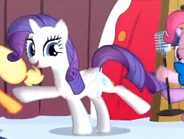 Size: 267x202 | Tagged: safe, screencap, character:applejack, character:pinkie pie, character:rarity, character:twilight sparkle, species:alicorn, species:pony, episode:pinkie pride, g4, my little pony: friendship is magic, animated, animation error, cute, extended trot pose, eyes closed, microphone, open mouth, prancing, race swap, raised hoof, raised leg, raricorn, smiling, spot the alicorn, wat