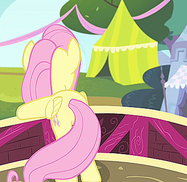 Size: 370x360 | Tagged: safe, screencap, character:fluttershy, species:pony, episode:filli vanilli, g4, my little pony: friendship is magic, animated, female, flutterbutt, mare, out of context, plot, solo, tail, wiggling