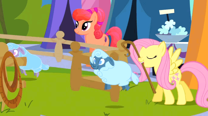 Size: 688x384 | Tagged: safe, screencap, character:fluttershy, species:crystal pony, species:pony, species:sheep, episode:the crystal empire, g4, my little pony: friendship is magic, animal, animated, animation error, ewe, extra ear, fence, mouth hold, shepherd's crook, tiny ewes, working