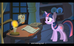 Size: 1024x640 | Tagged: safe, screencap, character:owlowiscious, character:twilight sparkle, episode:owl's well that ends well, g4, my little pony: friendship is magic, youtube caption