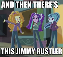 Size: 787x720 | Tagged: safe, screencap, character:adagio dazzle, character:aria blaze, character:sonata dusk, equestria girls:rainbow rocks, g4, my little pony:equestria girls, and then there's this asshole, clothing, diner, gem, hoodie, image macro, jewelry, jimmies, meme, necklace, pendant, rustled my jimmies, siren gem, the dazzlings