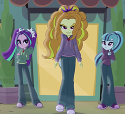Size: 787x720 | Tagged: safe, screencap, character:adagio dazzle, character:aria blaze, character:sonata dusk, equestria girls:rainbow rocks, g4, my little pony:equestria girls, clothing, diner, gem, hoodie, jeans, jewelry, looking at you, necklace, pants, shoes, siren gem, sneakers, the dazzlings