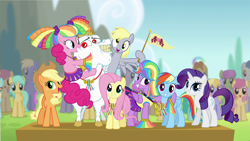 Size: 1920x1080 | Tagged: safe, screencap, character:applejack, character:bulk biceps, character:cloud kicker, character:derpy hooves, character:dizzy twister, character:fluttershy, character:merry may, character:orange swirl, character:pinkie pie, character:rainbow dash, character:rainbow swoop, character:rarity, character:sassaflash, character:spectrum, character:spring melody, character:sprinkle medley, character:sunshower raindrops, character:twilight sparkle, character:twilight sparkle (alicorn), species:alicorn, species:pony, episode:rainbow falls, g4, my little pony: friendship is magic, brolly, cheerleader pinkie, cheerleader sparkle, clothing, female, mare, photobomb, rainbow swoop, roid rage, skirt, spectrum, the grey one's glorious return, wall of tags, wallpaper, warm front, whitewash