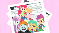 Size: 1920x1080 | Tagged: safe, screencap, character:apple bloom, character:big mcintosh, character:scootaloo, character:snails, character:snips, character:sweetie belle, species:pegasus, equestria girls:rainbow rocks, g4, my little pony:equestria girls, faec, photobomb