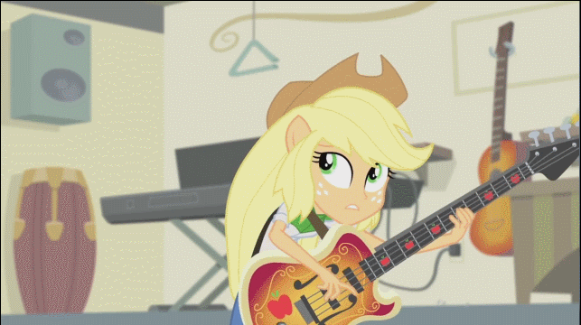 Size: 643x360 | Tagged: safe, screencap, character:applejack, equestria girls:rainbow rocks, g4, my little pony:equestria girls, animated, bass guitar, clothing, cowboy hat, hat, musical instrument, ponied up, solo, stetson