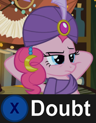 Size: 310x393 | Tagged: safe, screencap, character:pinkie pie, episode:it's about time, g4, my little pony: friendship is magic, doubt, exploitable meme, gypsy pie, image macro, l.a. noire, madame pinkie, meme, press x to doubt, reaction image, romani, solo, suspicious face, turban, unamused