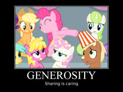 Size: 1600x1200 | Tagged: safe, artist:dowlphin, screencap, character:applejack, character:cherry berry, character:meadow song, character:minty green, character:pinkie pie, character:rarity, character:sunshower raindrops, character:twinkleshine, episode:equestria games, g4, my little pony: friendship is magic, demotivational poster, generosity, meme, popcorn