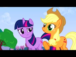 Size: 1024x768 | Tagged: safe, screencap, character:applejack, character:twilight sparkle, episode:a canterlot wedding, g4, my little pony: friendship is magic, black bars, duo, nose wrinkle, scrunch, scrunchy face, shocked