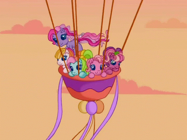 Size: 640x480 | Tagged: safe, screencap, character:cheerilee (g3), character:pinkie pie (g3), character:rainbow dash (g3), character:starsong, character:toola roola (g3), episode:twinkle wish adventure, g3, g3.5, animated, balloon, close-up, cute, g3betes, hot air balloon, it's coming right at us, looking at you, somewhere super new