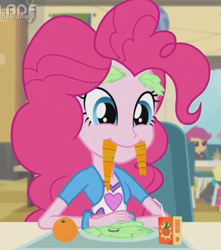 Size: 412x467 | Tagged: safe, screencap, character:pinkie pie, equestria girls:rainbow rocks, g4, my little pony:equestria girls, carrot, cute, diapinkes, female, food, foodplay, smiling, solo, walrus